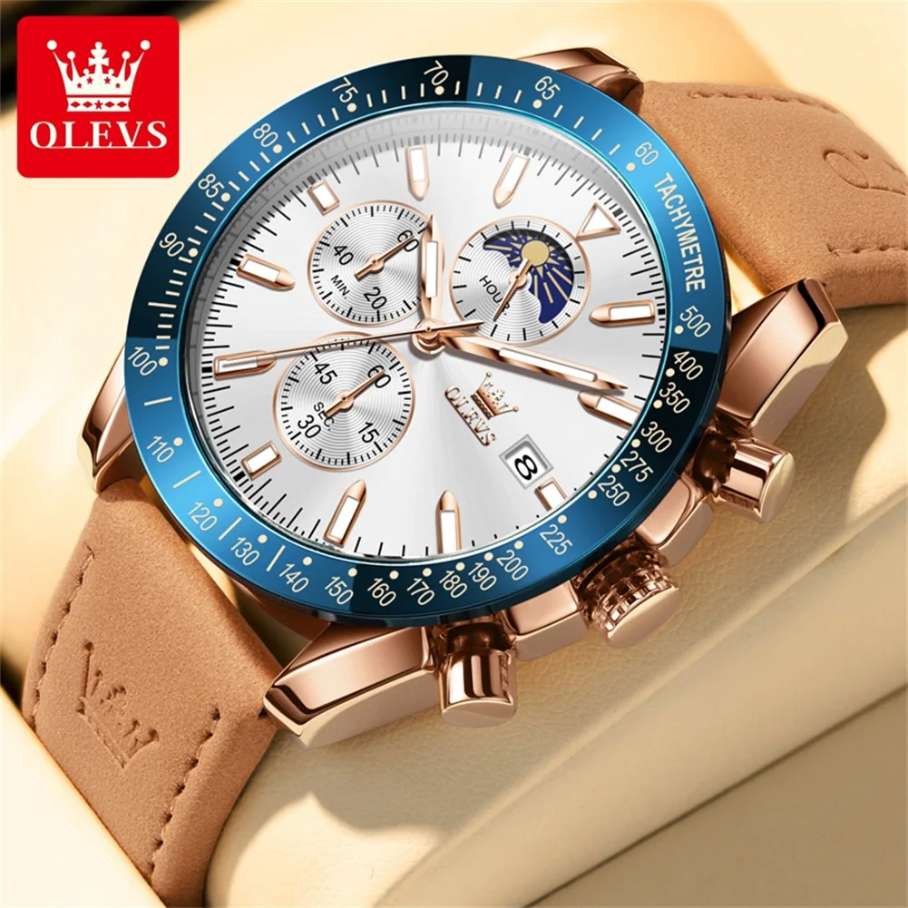 

OLEVS Brand Fashion Moon Phases Chronograph Quartz Watch for Men Leather Waterproof Luminous Date Mens Watches Relogio Masculino