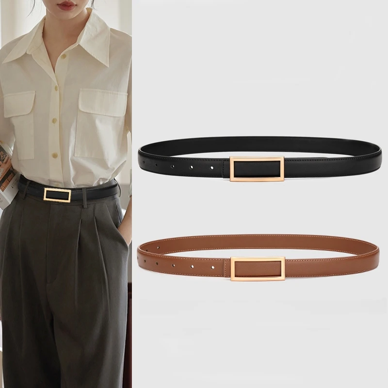 

Women Belts Soft Genuine Leather Belts Waist Belt Gold Solid Color Rectangle Buckle Waistband for Pants Jeans