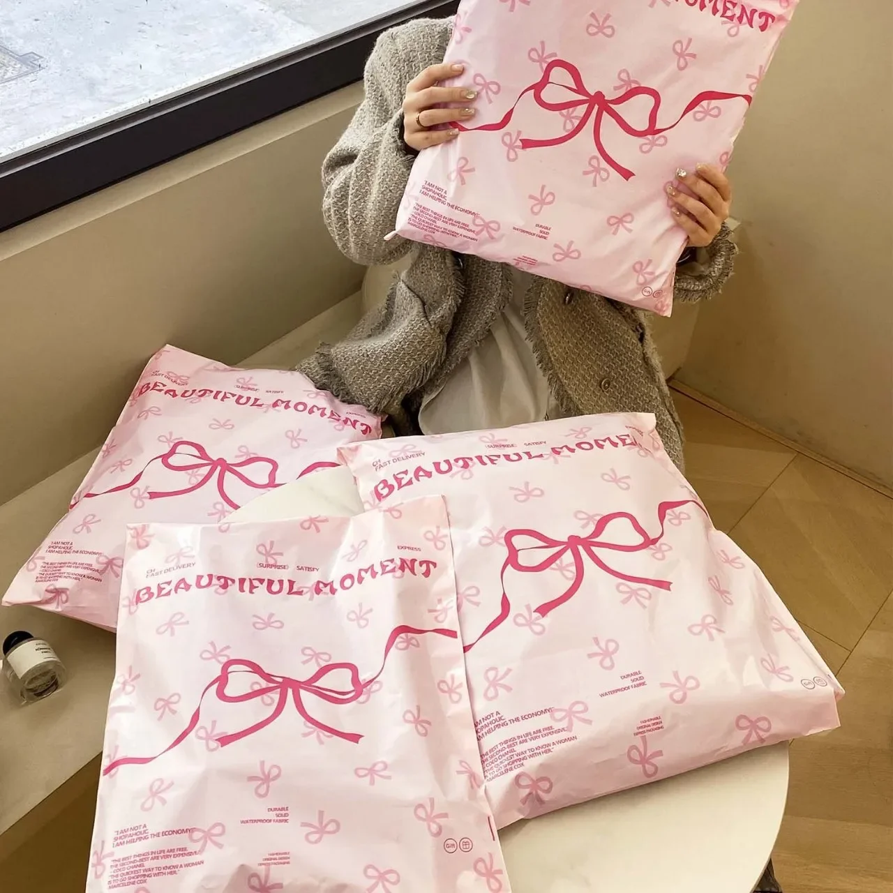 10Pc INS Beautiful Pink Bow Express Bag Women Kids Clothes Outfit Shop Packing Bag Online Store Delivery Waterproof Shipping Bag