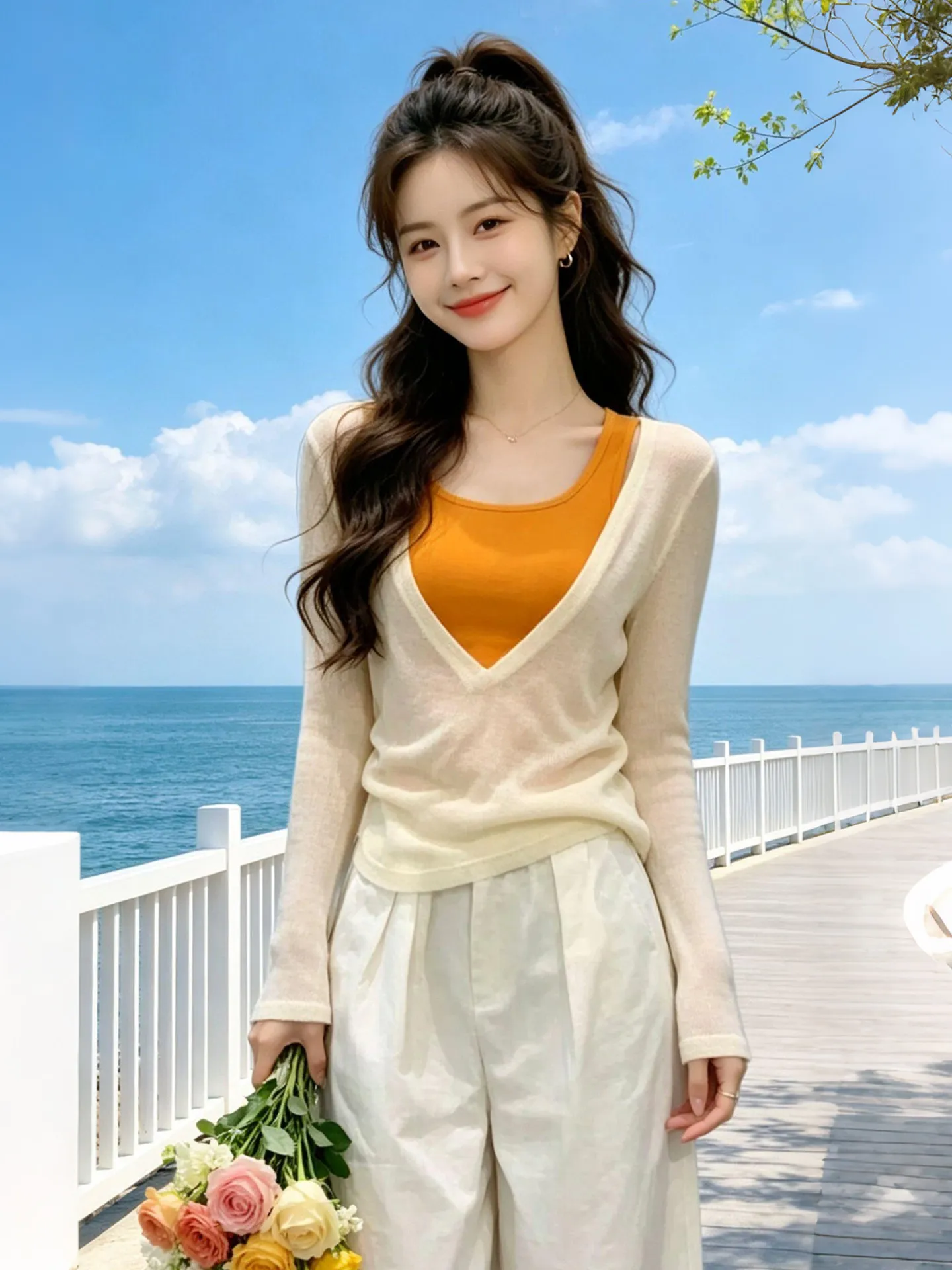 

Summer Atmosphere Beautiful Small Shirt Set Knitted V-neck Knitwear Inner Wear Vest Top Fashionable Versatile Elegant