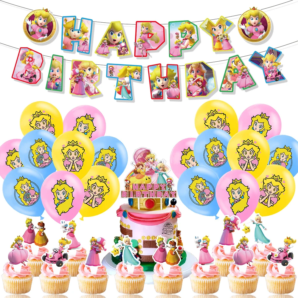 

Princess Peach Birthday Party Decorations Bannner Balloons Cake Topper party Supplies for Baby Shower