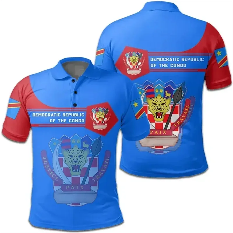 New Summer 3D Democratic Republic Of The Congo Flag Printing Polo Shirt Congo Coat Of Arms Graphic Polo Shirts Fashion Clothing