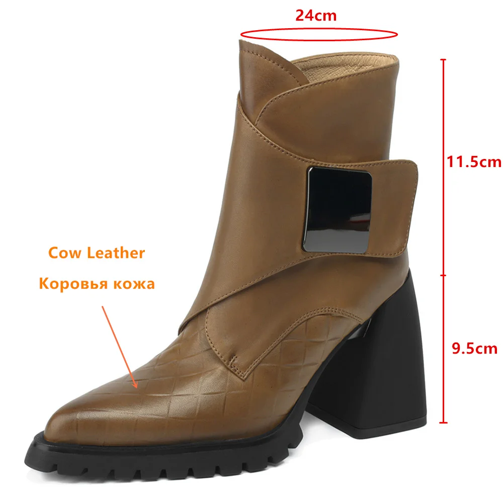 MILI-MIYA Fashion Pointed Toe Thick Heels Solid Color Women Full Genuine Leather Ankle Boots Hook Loop Handmade For Ladies