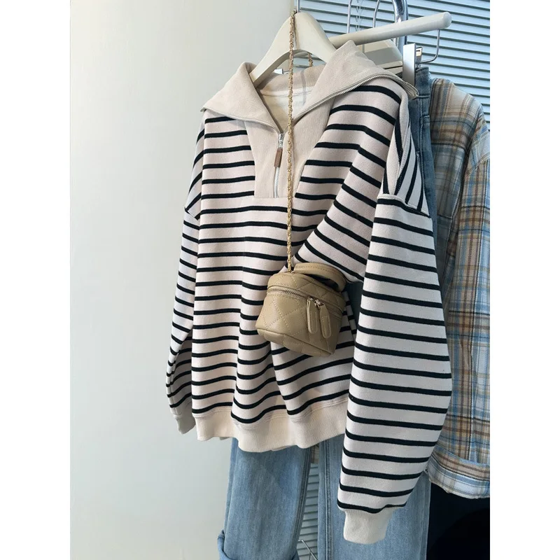 Sudadera a rayas de terciopelo Silver Fox estilo americano con media cremallera y cuello vuelto para mujer, talla grande, con fotos reales de envío transfronterizo