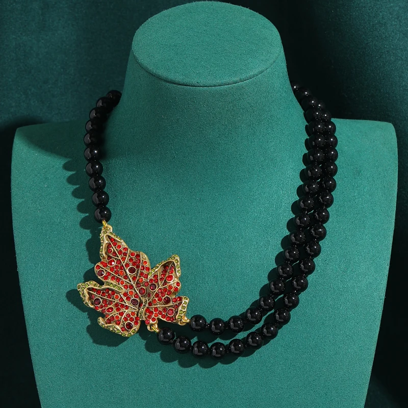 

Vintage Black Beads Necklace Natural Stone Layered Luxury Women Gold Plated Colorful Rhinestone Maple Leaves Making Jewelry 2026