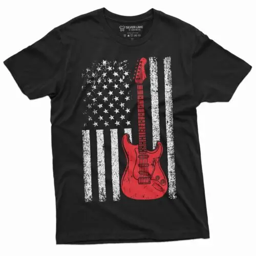 Men's Guitar USA Flag T-shirt Country Music Band Gifts Guitarists 4th of July Am