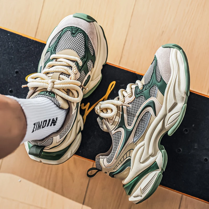 Herren-Dad-Sneaker, atmungsaktives Obermaterial aus großem Mesh, dicke Juteschnürsenkel, farblich abgesetzte dicke Sohle, höhenvergrößernd und rutschfest, retro-trendiger Stil, mehrere Farboptionen verfügbar, vielseitige Freizeitschuhe für den täglichen Arbeitsweg und die Straßenmode. – Detail 19