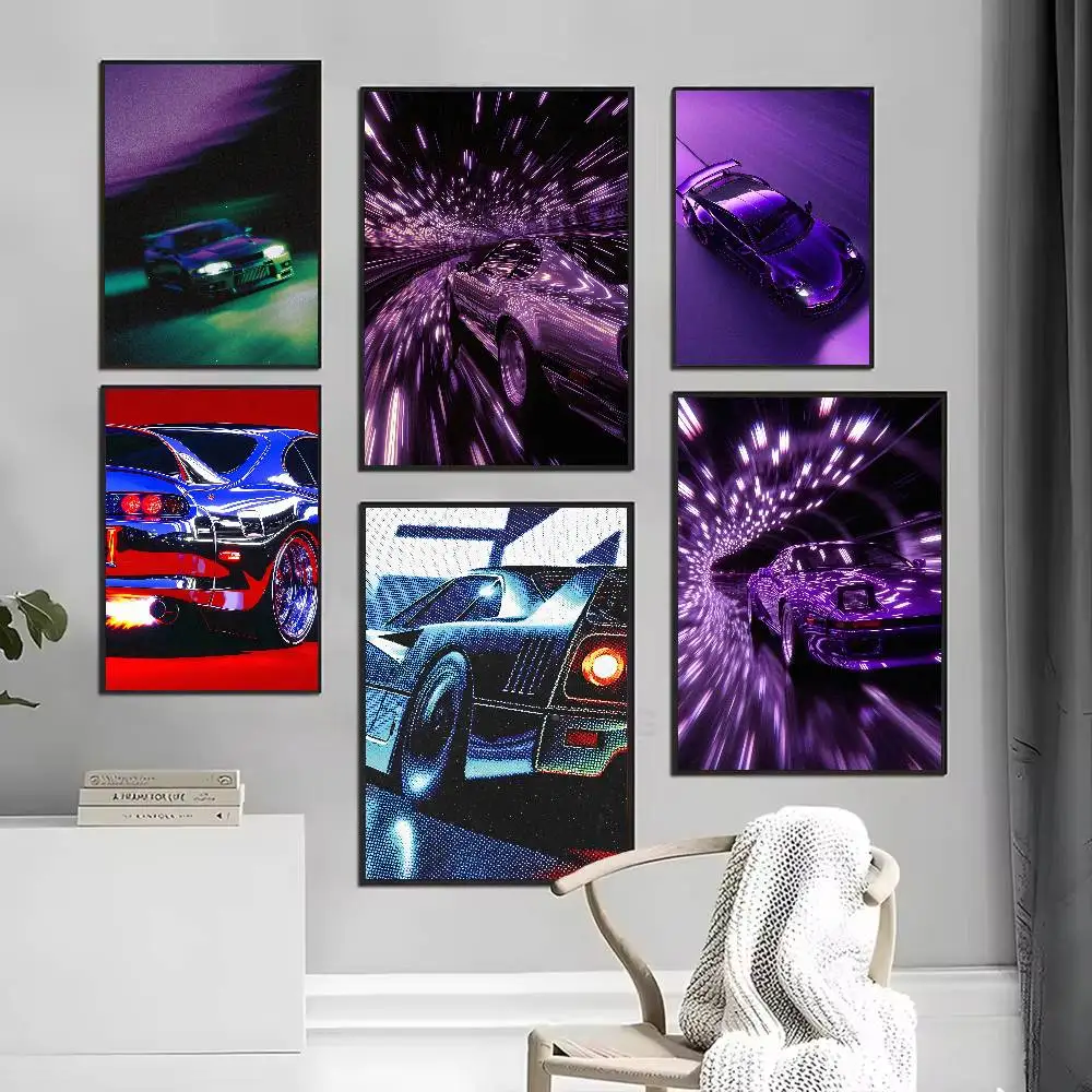 Retro Synthwave JDM Car Poster Print, Neon Purple Blue Sports Car Wall Art Sticker , 90s Vibe Racing Boy Room Decor