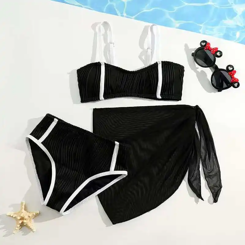 

Черный детский купальник для детей 8-12 лет, детский купальный костюм для подростков, комплекты бикини из 3 упаковок с юбками, спортивные накидки на Гавайи