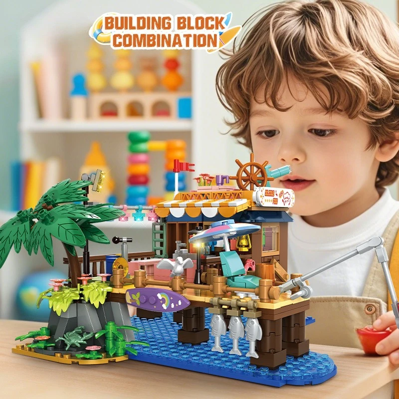 MOC 여름 해변 캠핑 낚시 하우스 빌딩 블록 세트 도크 항구 물고기 어부 오두막 DIY 장난감 어린이 생일 선물