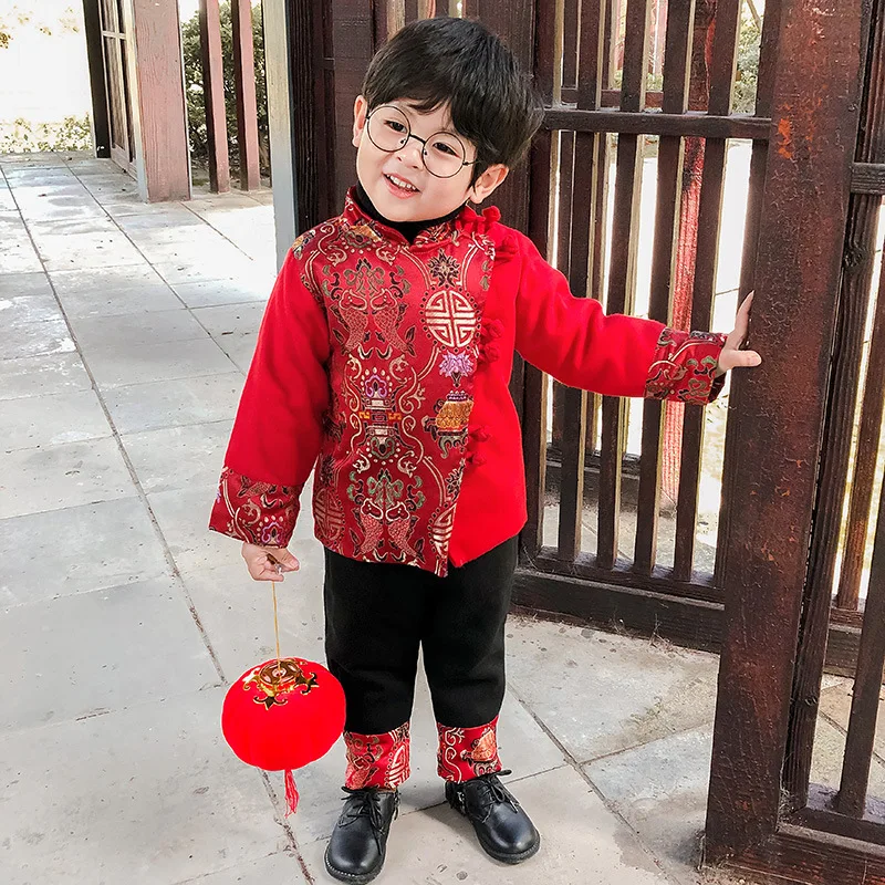 Girls\' Hanfu For Children And Children\'s Daily Chinese Style Plus Cotton Thickened Two-piece Boys\' Chinese New Year Clothes