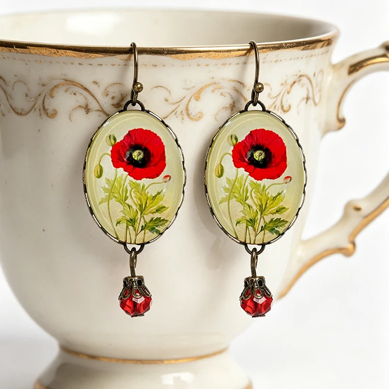 Schöne Vintage-Ohrringe mit Mohnblüten-Glasanhänger, ovale Form, antike Bronze, rote Perle, edler Schmuck, Geschenk für Frauen