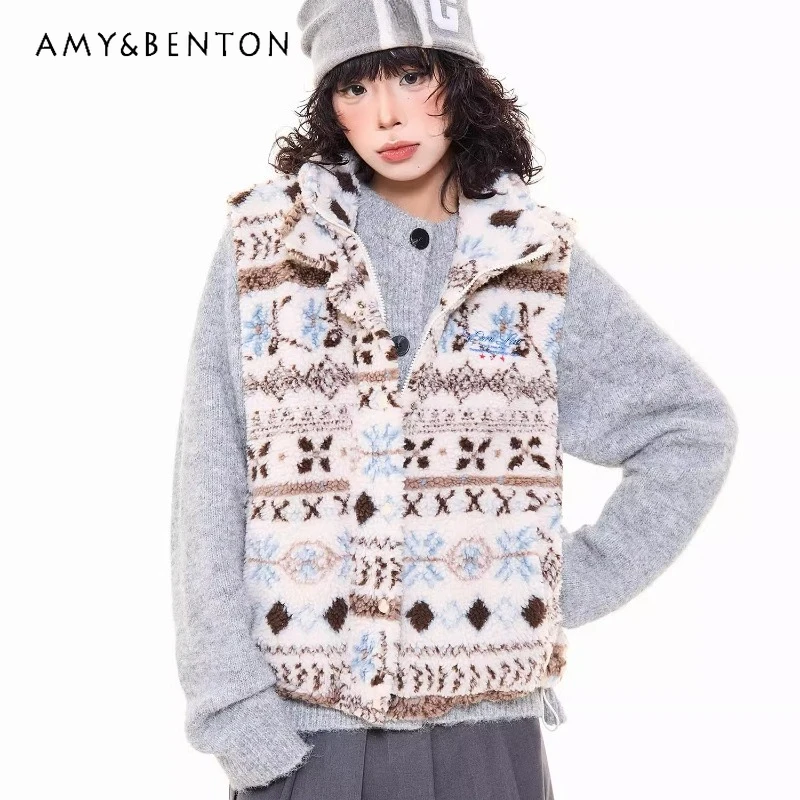 

Autumn Winter New Lamb Wool Women's Vest Cotton Jacket Retro Design Loose Layered Warm Stand Collar Sleeveless Waistcoat Ladies