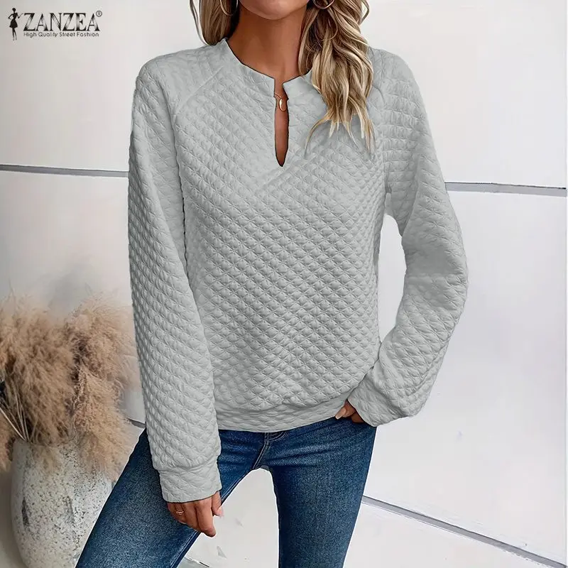 ZANZEA Vrouwen Herfst Sweatshirts Mode V-hals Lange Mouw Effen Jumpers 2026 Casual Losse Truien Vrouwelijke Streetwear Tops