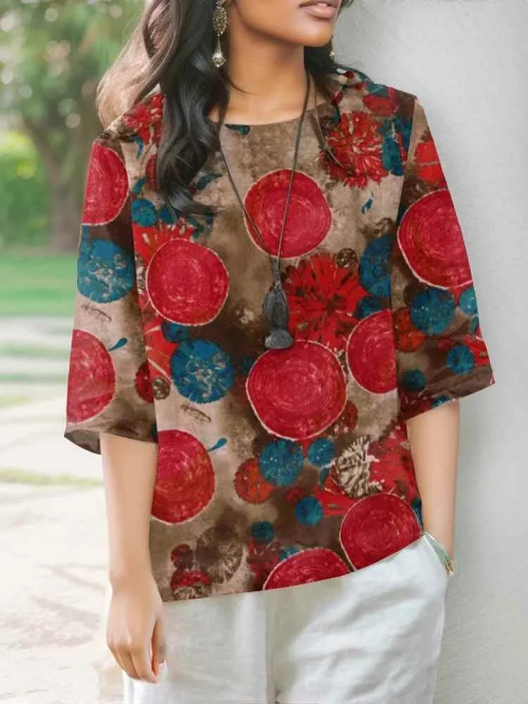 ZANZEA Women Cotton Linen Blouses Elegant Floral Printing Blusa 2024 Summer Retro Fashion 3/4 Sleeve Casual Tunic Round Neck Top