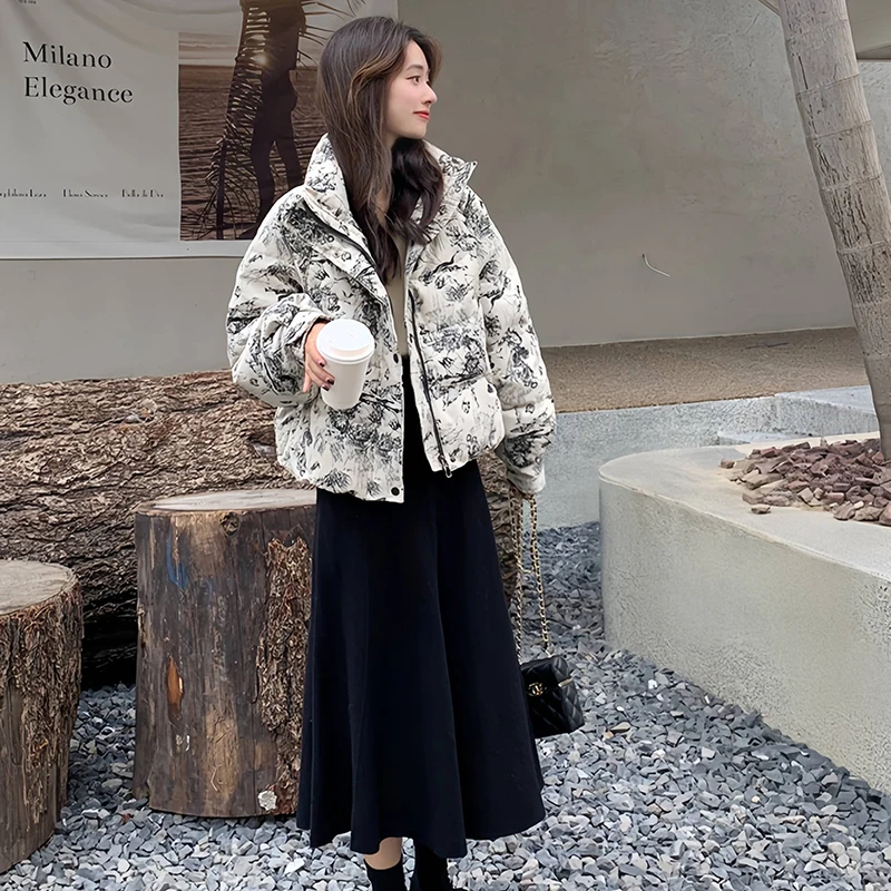 2024 Winter New Fashion Cotton-padded Coat Thick Warm National Style Jacquard Padded Coat Short Zipper Down Cotton-padded Jacket