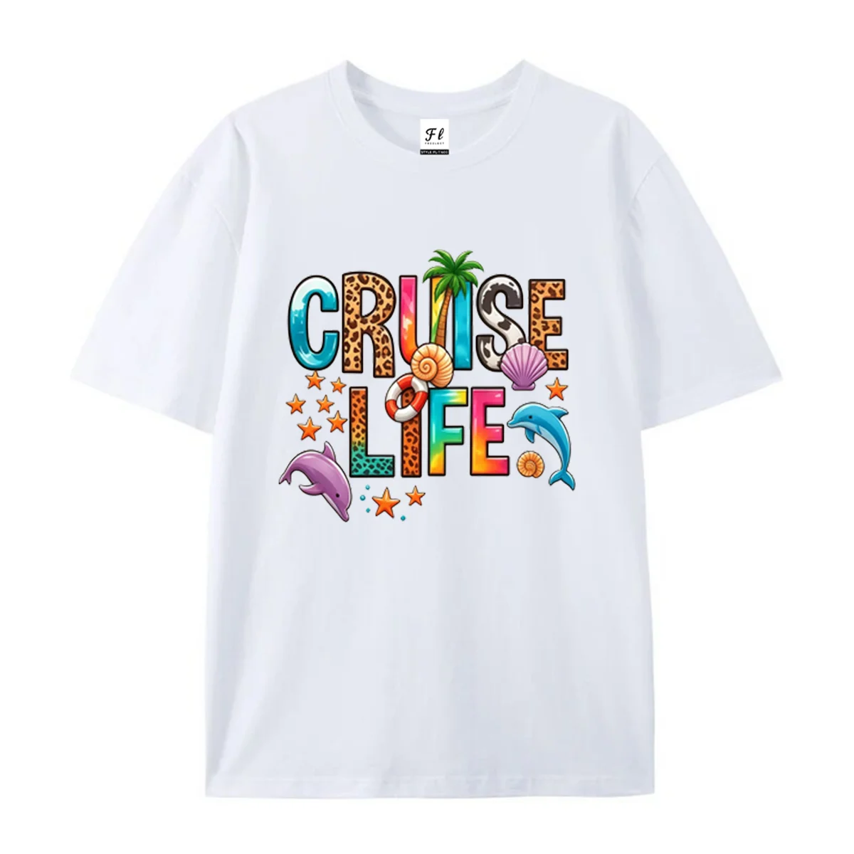Unisex Short Sleeve T Shirt Cruise Life Leopard Rainbow Letter Dolphin Seashell Graphic Tee Summer Cruise Vacation Casual Tops
