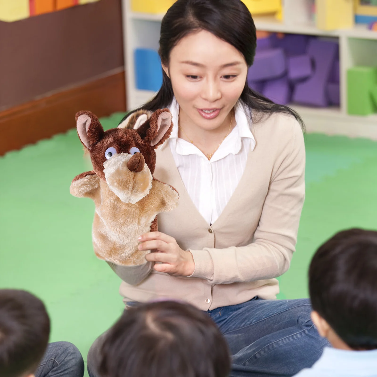 Lalka na rękę w kształcie wilka z kreskówki, miękka bawełniana lalka zwierzęca, interaktywna zabawka edukacyjna do opowiadania historii dla dzieci, zabawki interaktywne.