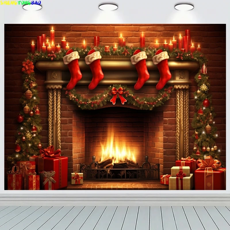 New Year Christmas Day Festival Photography Backdrop Fireplace Living Room Gift Holiday Flowers Hall Wedding Background RS-30
