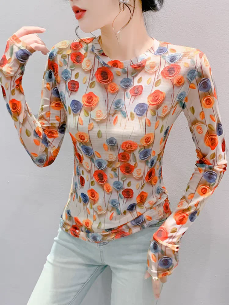 Autumn Long Sleeve T Shirt Women Floral Printed T Shirt Female Double-layer Mesh Casual Vintage Skinny Woman T-shirts