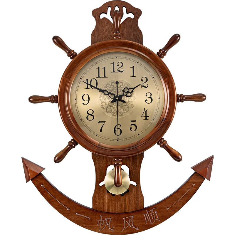 

American style solid wood helmsman silent wall clock, home retro decorative clock, creative ship rudder wall clock, Chinese quar