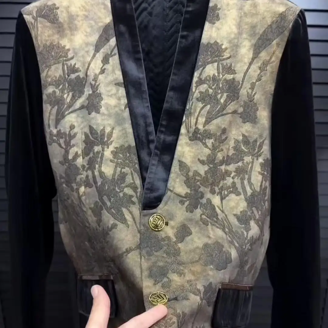 

New Chinese Sle Autumn Winter Men's Faion Lightweight Luxury Casual High-End Feel Outerwear without Collar Patchwork