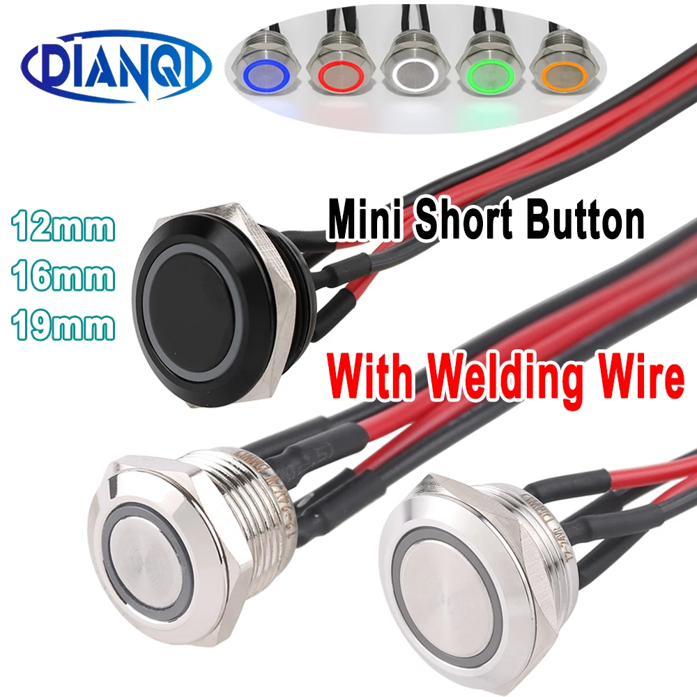 12/16/19mm Electric Waterproof Power Led Light Momentary Short Mini Push Button with wires Switch Pressure Switches 3-6V 24V 12V