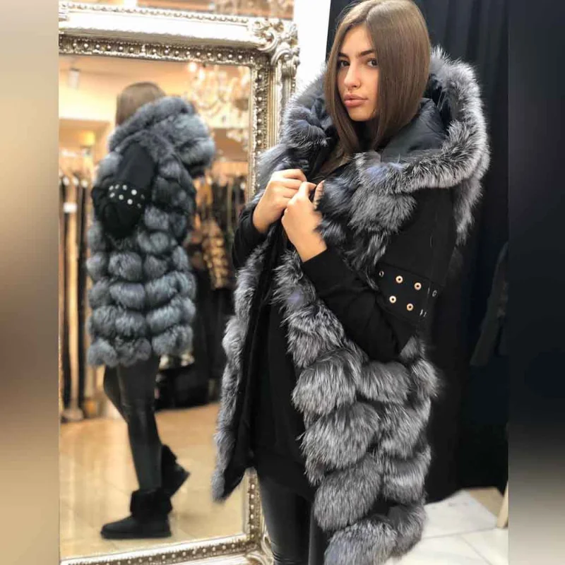 Hooded Straight Natural Sliver Fox Fur Vest Coat Women Fashion Luxury Outertwear Strip Sewed Genuine Real Fur Jacket Female