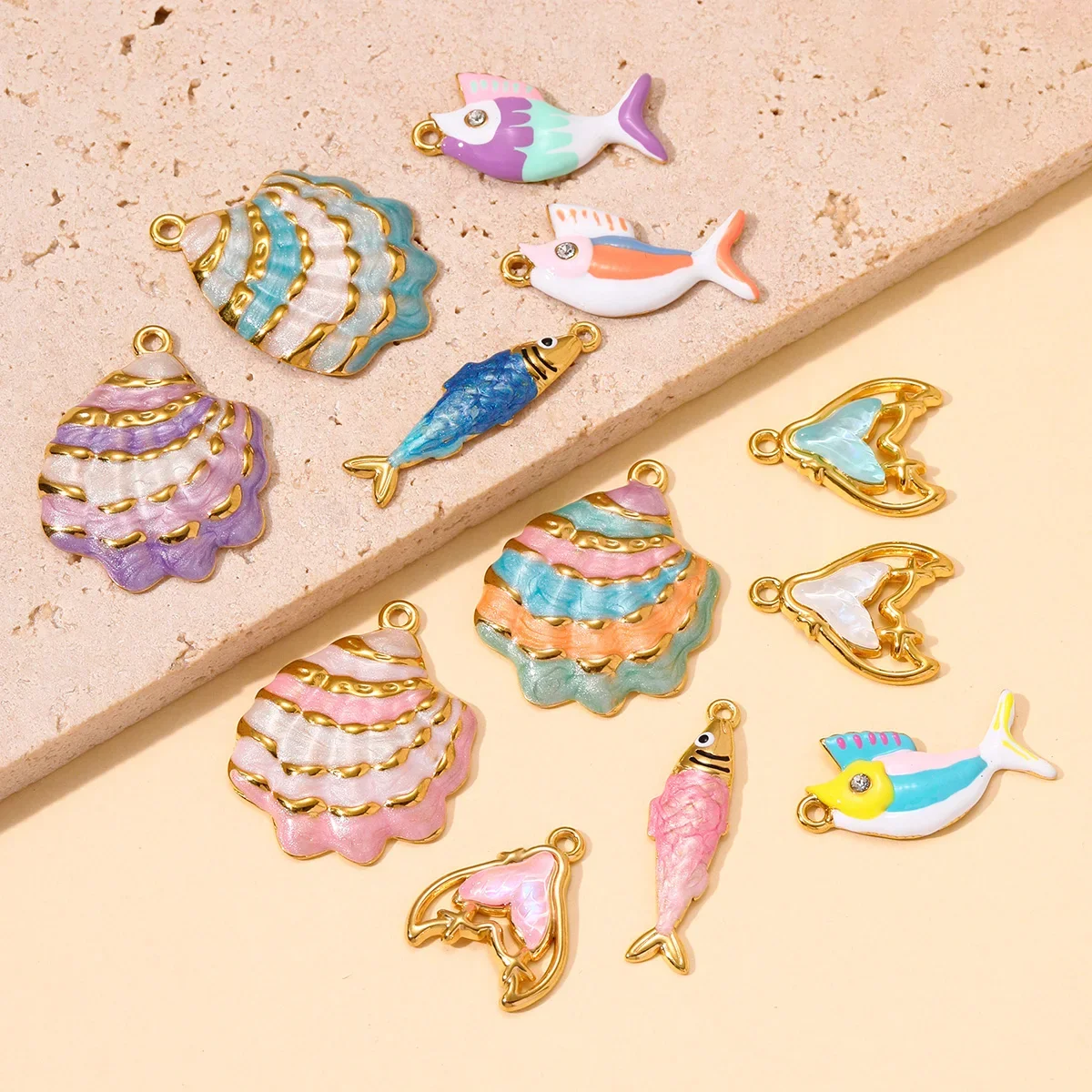3pcs/Lot Wholesale Stainless Steel Fish Mermaid Tail Necklace Pendants Enamel Shell DIY Earring Charms Women Ocena Style Jewelry