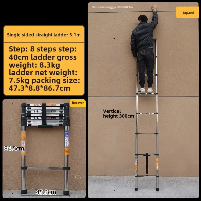 Stainless Steel  Telescoping Ladder Stainless Steel Folding Ladder Portable Extendable Loft Ladder