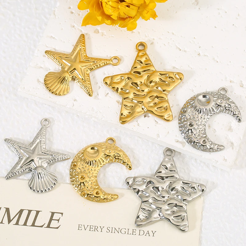 

5pcs Stainless Steel Texture Shell Stars Moon Star Charms Pentagram Pendant DIY Women Necklace Earrings Jewelry Making Material