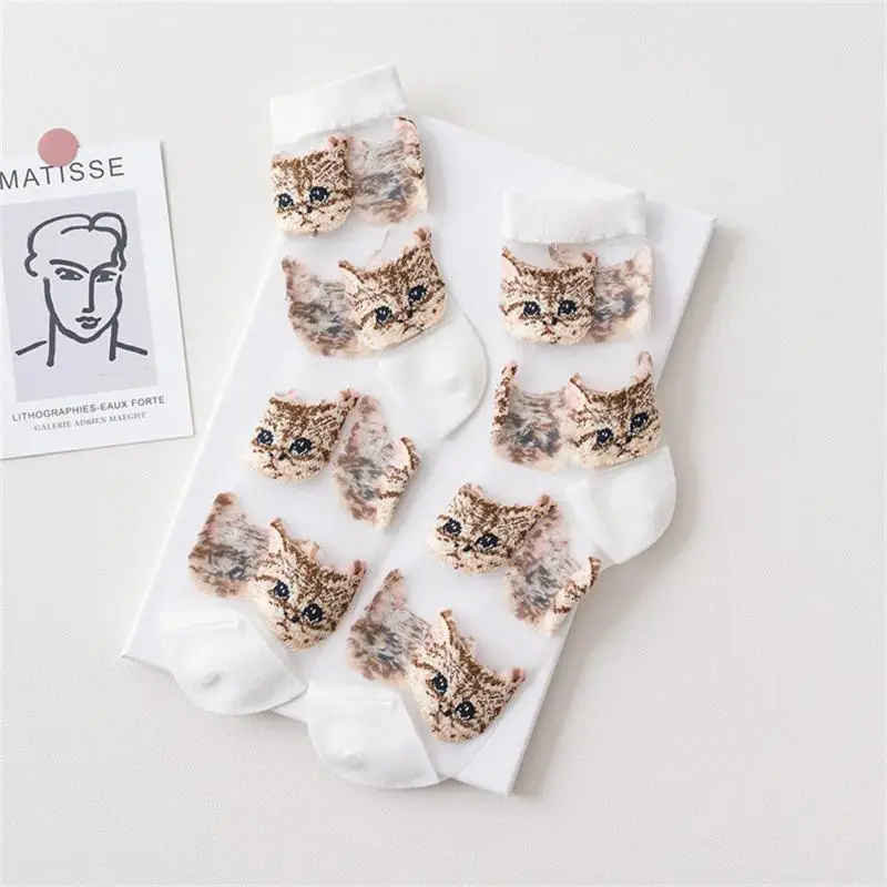 1 Pair Breathable Ultra Thin Socks Summer Women Transparent Lace Silk Crystal Cute Cat Girls Female Elastic Medium Tube Socks