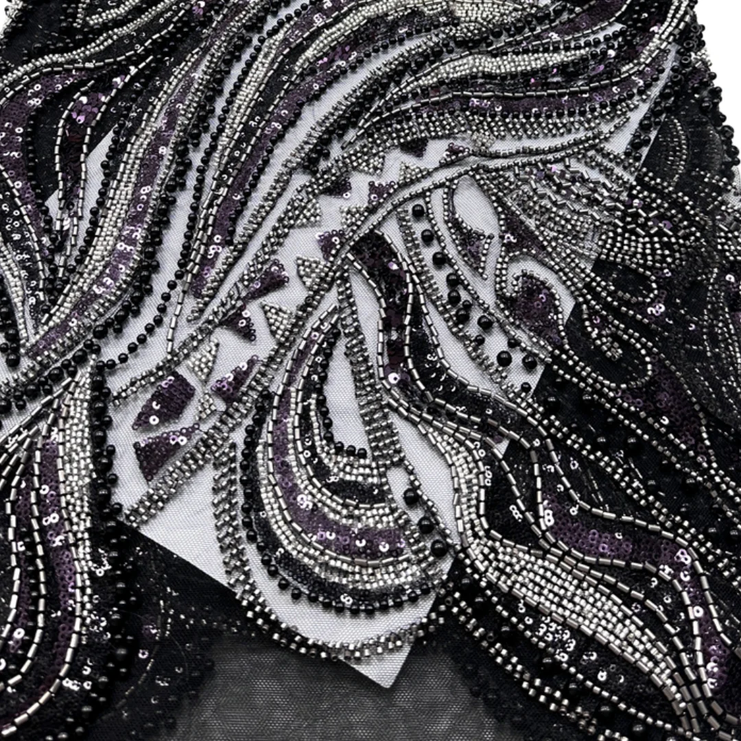 

Elegant Tube Bead Sequined drape wave Embroidered Nigerian African Beaded Tulle Mesh Lace Fabric Bridal Gown Sewing Fabric