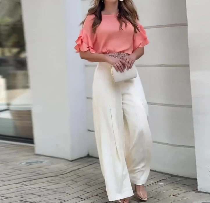 

Women's Two Piece Set Elegant Trendy Round Neck Ruffles Design Half Sleeve Blouse Tops and High Waist Wide Leg Pants Set