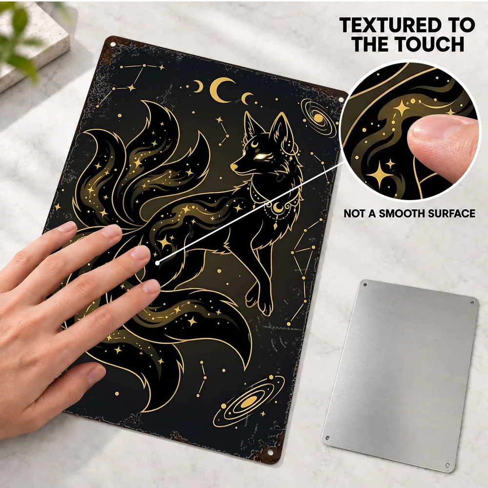 Celestial Nine-Tailed Fox Printed Poster Customized Aluminum Metal Sign Color Block Illustration Wall Art For Reading Corner