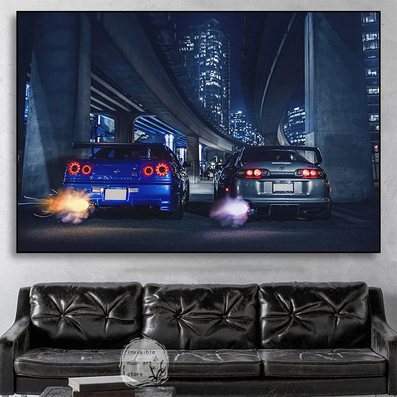 Nissan Skyline Gtr R34 Toyota Supra Exhaust Nigth Sport Car Poster Canvas Painting Wall Art Print Picture Living Room Home Decor