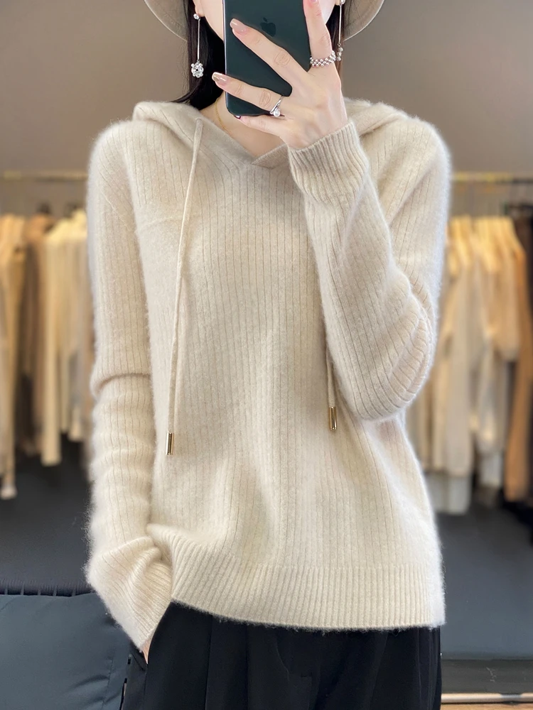 Addonee Women\'s Sweater Casual Hoodie 100% Merino Wool Solid Long Sleeve Cashmere Knitted Pullover Korean 2023 Autumn Winter Top