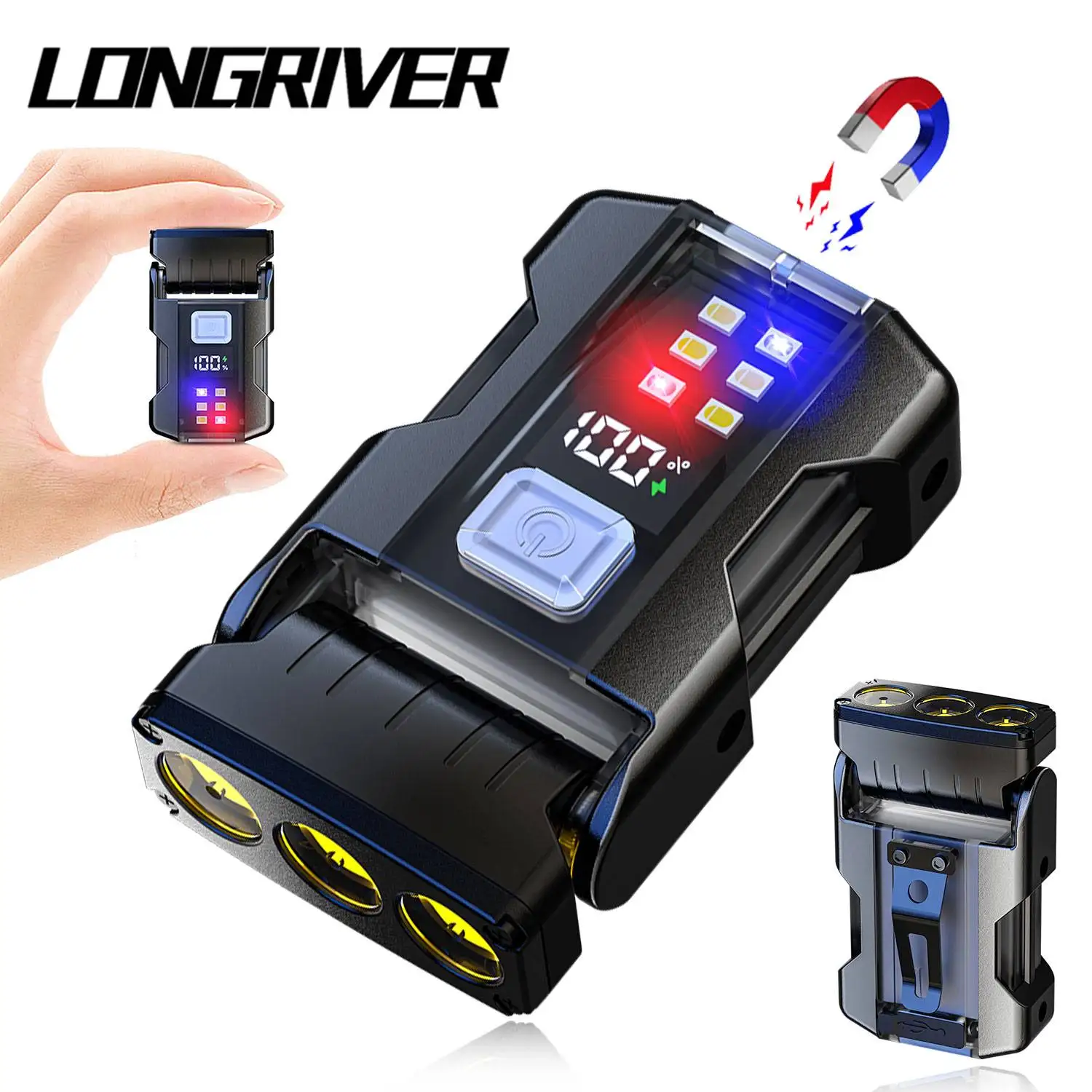 

LONGRIVER YSD-06 Portable LED Flashlight with Power Display, Mini Keychain Light Cap Clip Headlight, Main Light Adjustable 90°