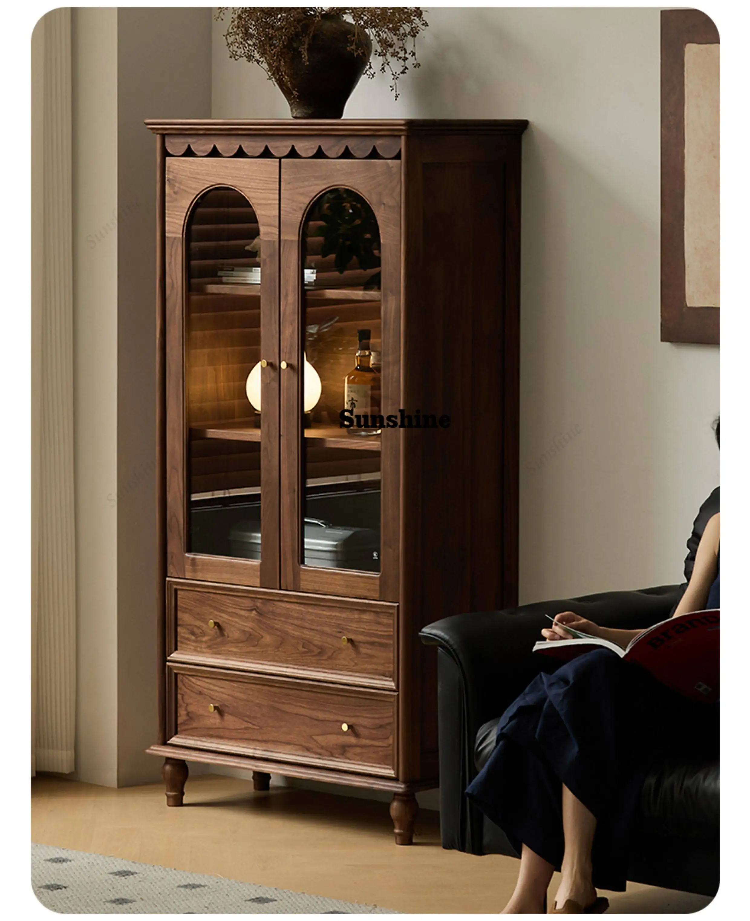 

North American black walnut solid wood bookcase living room glass door bookshelf sofa sideboard