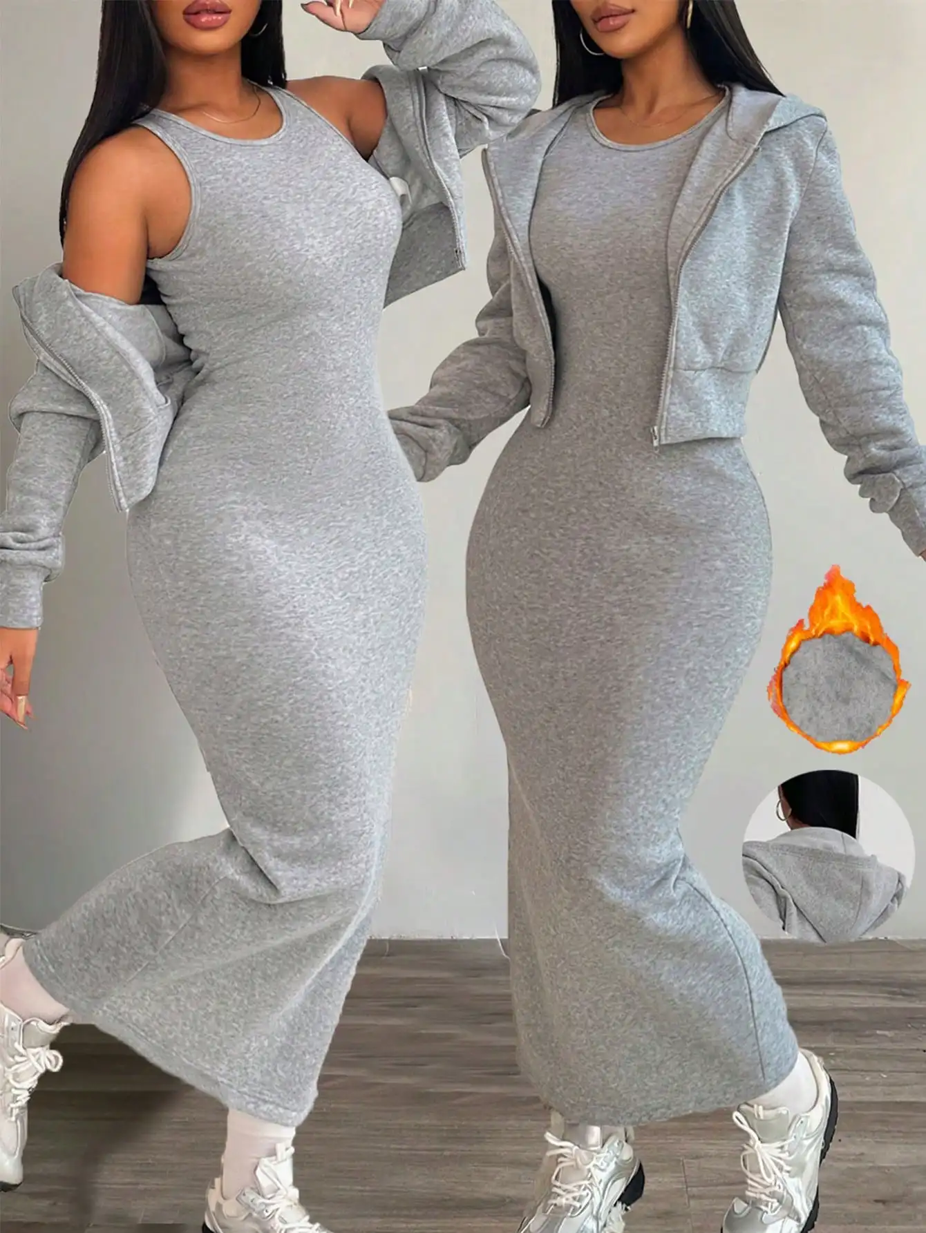 

2-Piece Set Women's Hooded Zip-Up Jacket & Racerback Knit Dress, Thermal Lined, Casual Fit