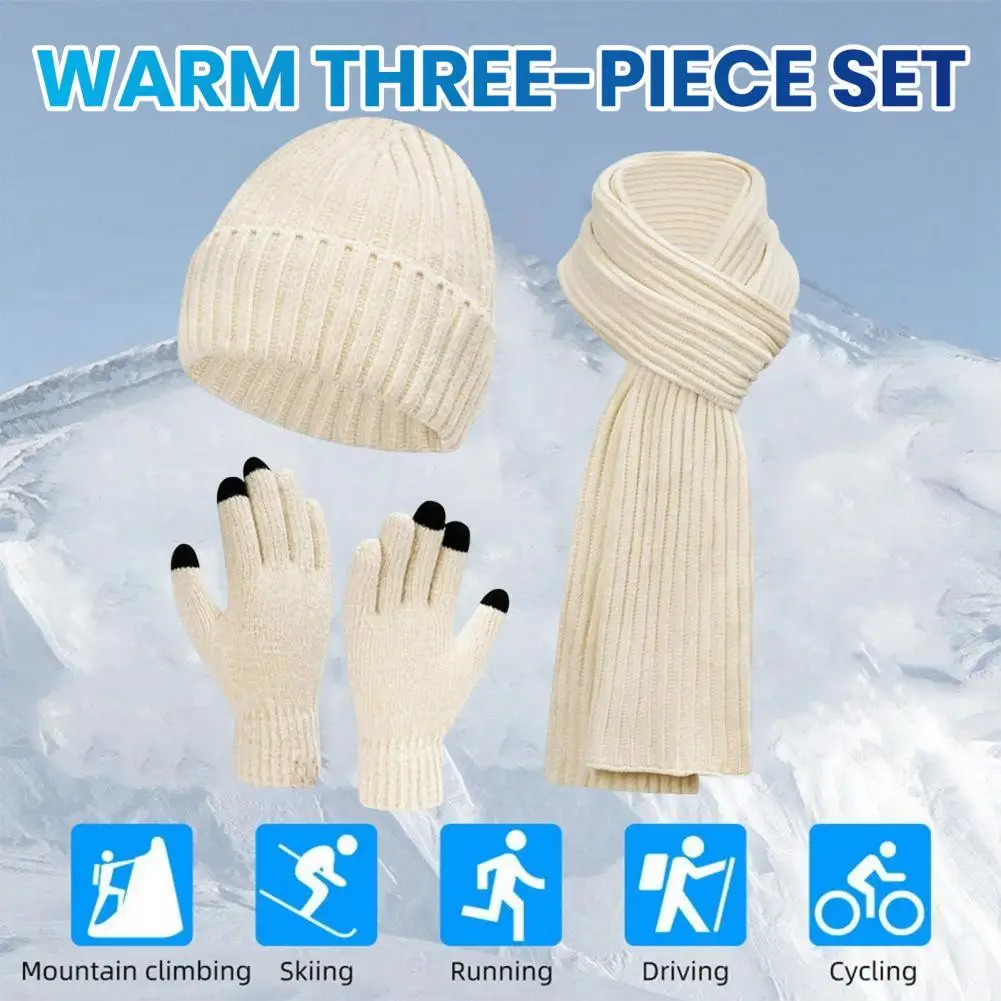 Cycling Hat Scarf Gloves Set Cozy Winter Accessories Set Knitted Hat Scarf Gloves Unisex Thick Warm Touch Screen Cycling Gear