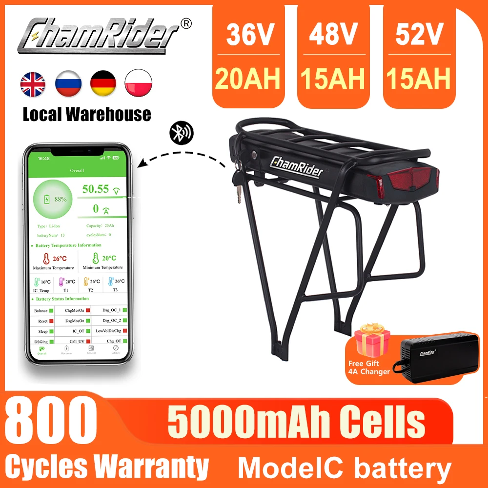 ChamRider Rear Rack Model C Battery 48V 52V Electric Bike Battery 36V 21700 Cell 50A BMS MTB Lithium Battery Powerful Capacity