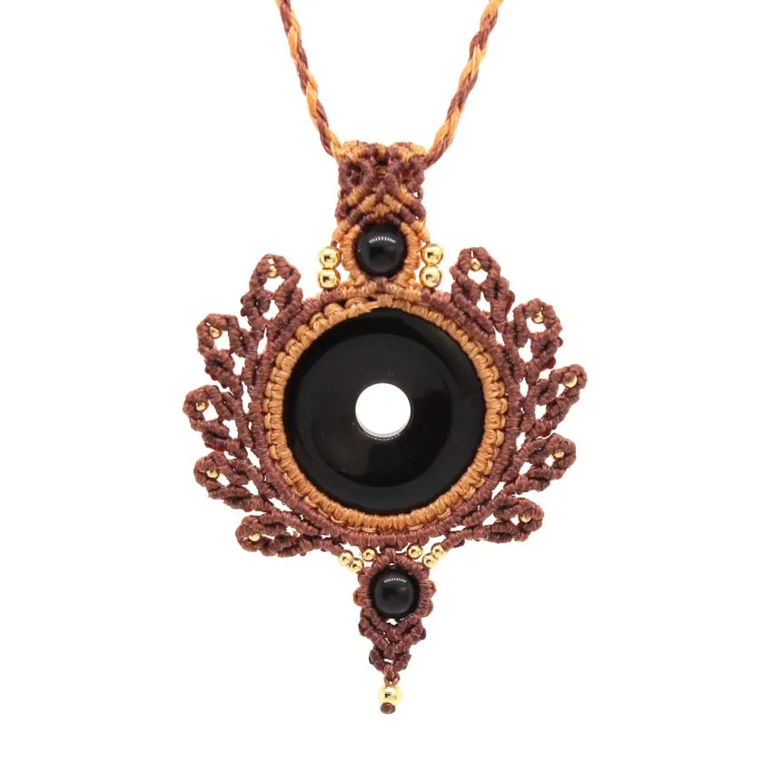 Braided Macrame Crystal Stone Donut Pendant Necklaces For Women Natural Amethyst Rose Quartz Rope Wrapped Weave Chain Necklace