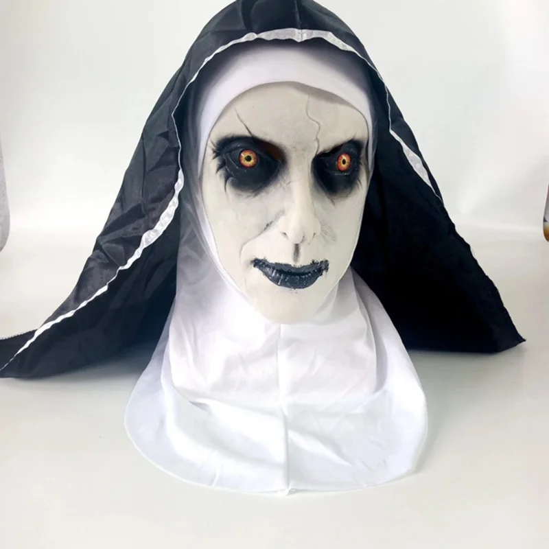 Scary The Nun Mask Latex Horror Halloween Costume for Woman Witch Nun Cosplay Eater Party Cape Carnival Face Mask Disguise Prop