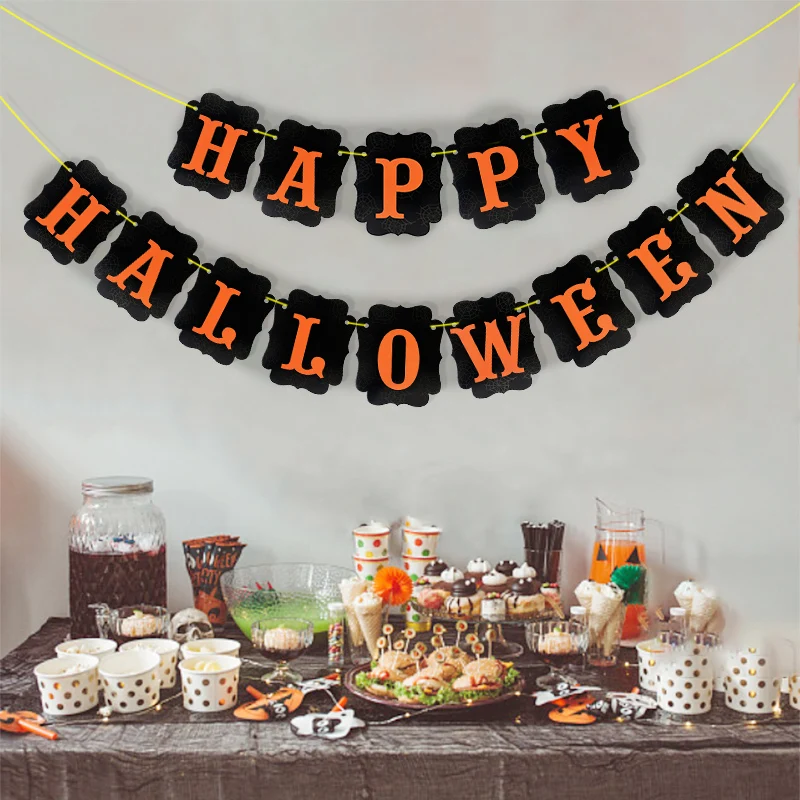 2023 Happy Halloween Banner Garland Orange Black Paper Photo Booth Props Halloween Party Decorations Kids Child Favors Gift