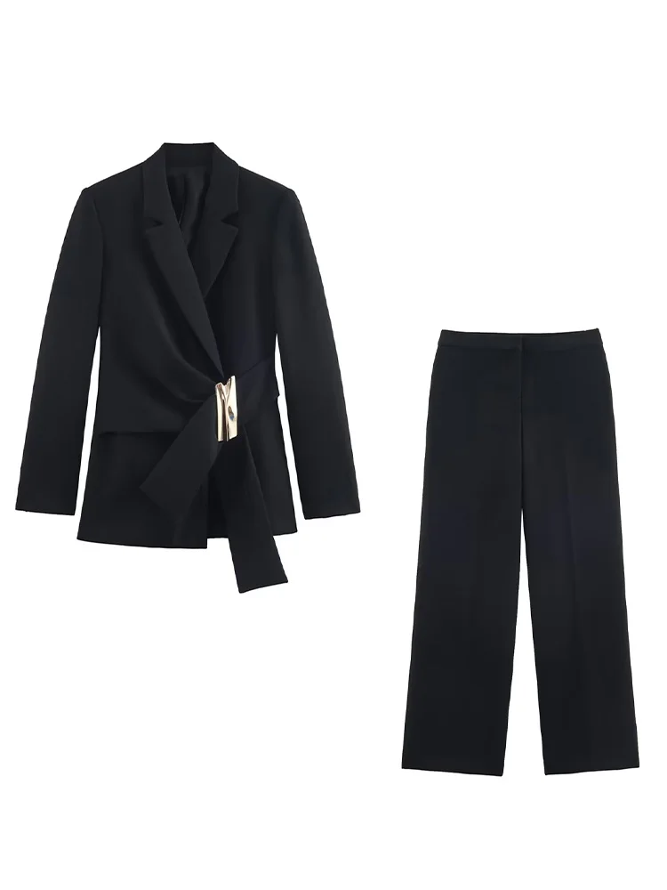 

HH Autumn Women Solid Pants Suit Loose Lapel Button Long Sleeve Buckle Embellished Suit Jacket+Zipper High Waist Straight Pants