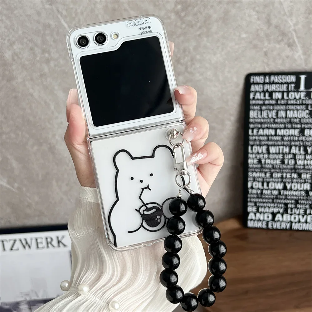 Lovely Cartoon Bear Case For Samsung Galaxy Z Flip 5 4 3 6 Bead Bracelet Cover For Galaxy Z flip5 Flip6 Clear Hand Chain Cover