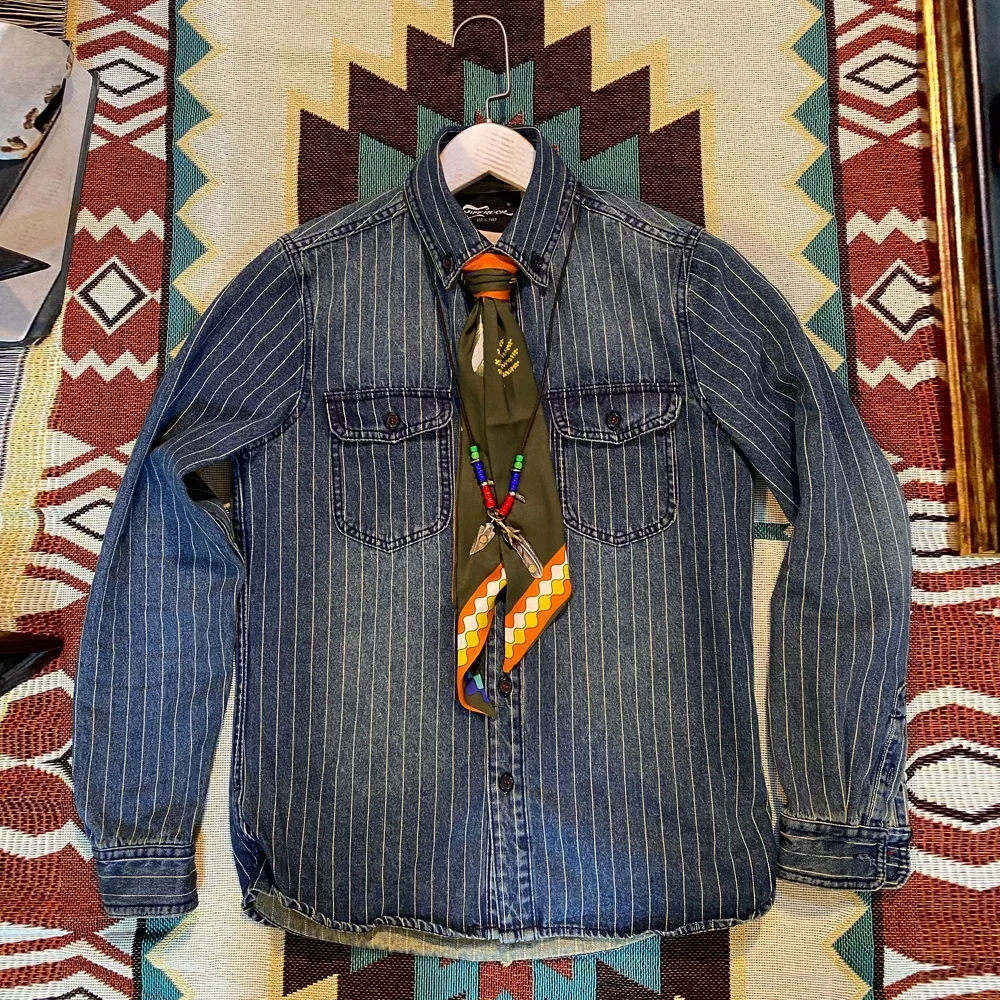 Blunt Razor American Vintage Striped Denim Shirt Heavyweight Western Style Workwear Washed and Worn Long-sleeved Shirts