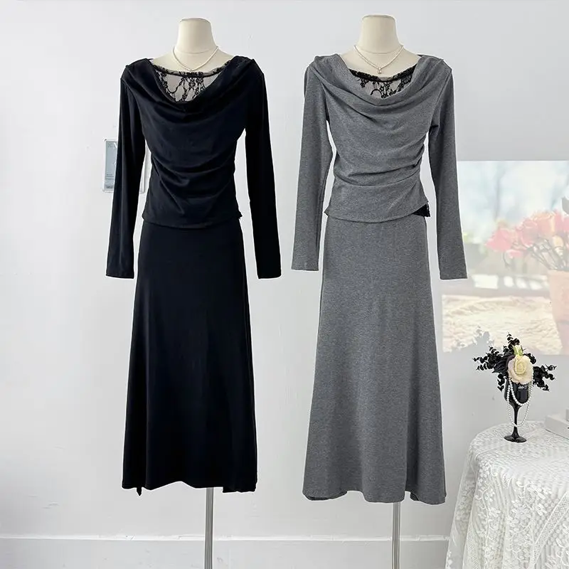 

Элегантный комплект из кружевной лоскутной футболки с длинным рукавом и эффектом двухслойности, с завышенной талией, и юбки с высокой талией, облегающей бедра, для женщин, весенний вариант.