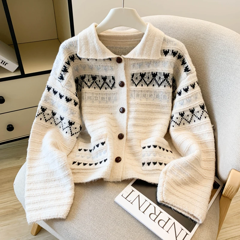 

Женский абрикосовый кардиган, свитер Fair Isle, винтажный джемпер 2000-х годов Y2k с воротником-поло, трикотаж, свитер с длинными рукавами, осенне-зимняя одежда